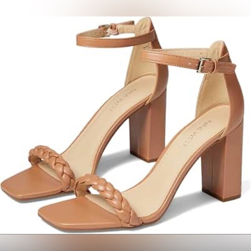 Nine West Allha 3 Braided Strap Chunky Heels in Macaroon Tan 6.5